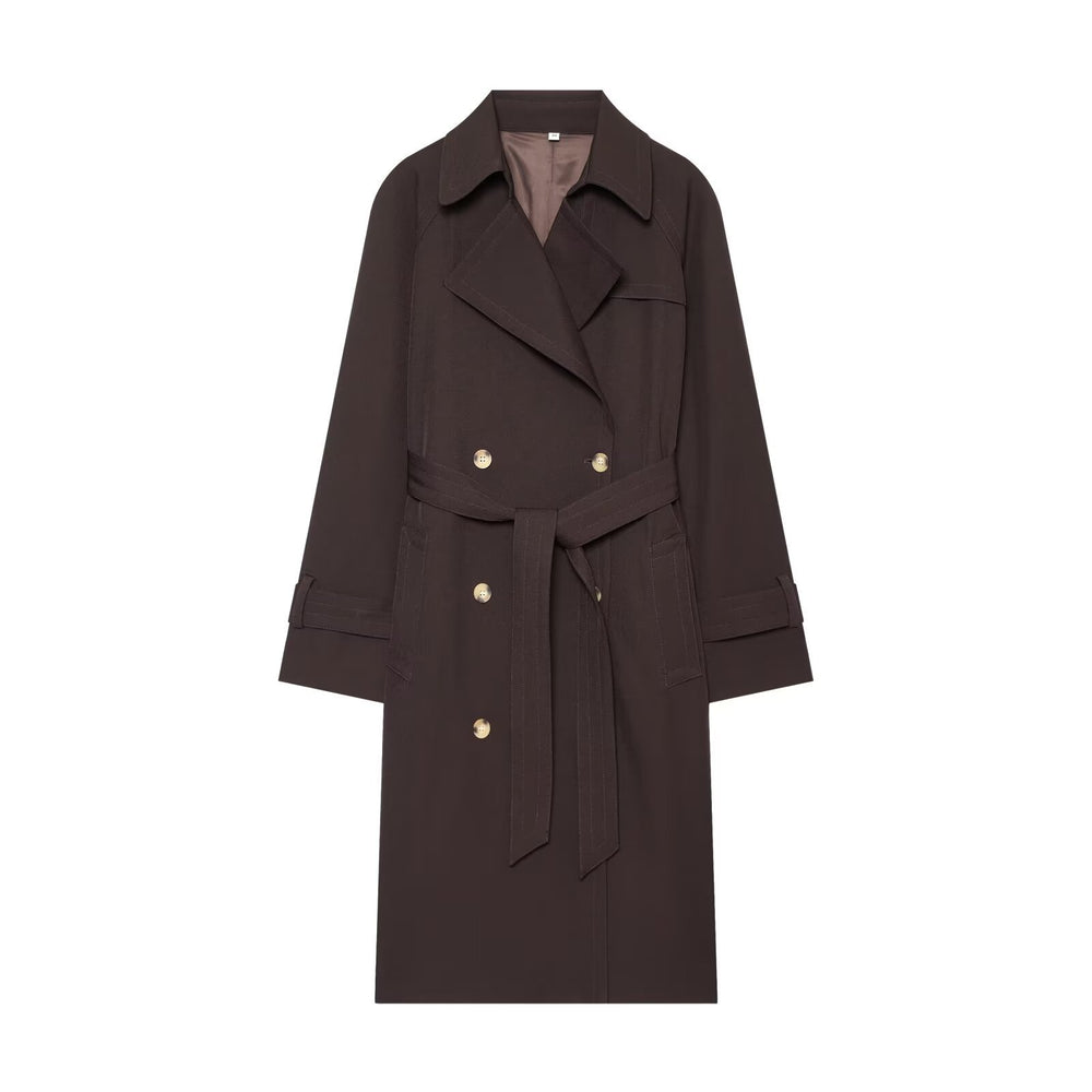 Damen langer zweireihiger Trenchcoat mit Bindegürtel und Raglanärmeln Shop Nory