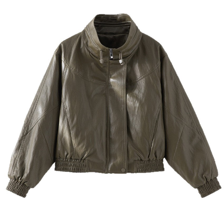 Damen Oversized Lederimitat-Bomberjacke mit Stehkragen und elastischem Saum Shop Nory