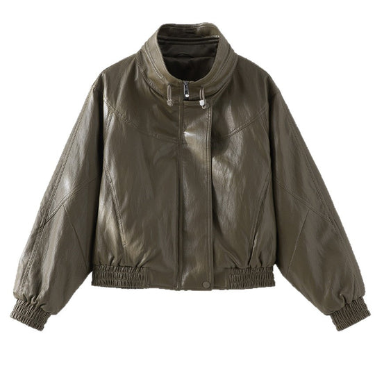 Damen Oversized Lederimitat-Bomberjacke mit Stehkragen und elastischem Saum Shop Nory