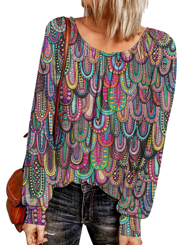 Damen Ethno-Print Oversize-Tunika mit Rundhalsausschnitt und langen Ballonärmeln Shop Nory