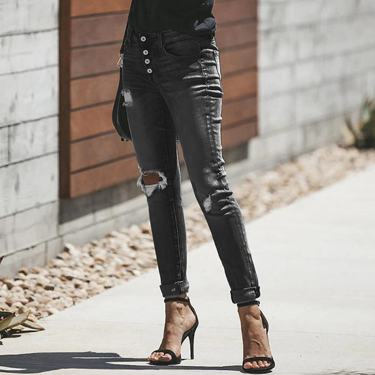 Damen Skinny-Jeans mit hoher Knopfleiste und lässigem Ripped-Used-Look Shop Nory