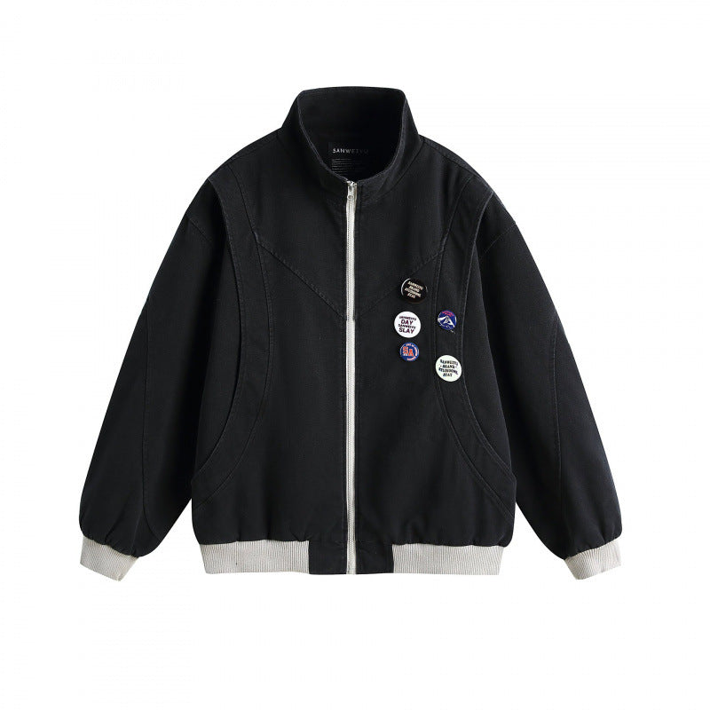 Unisex Boxige leichte Bomberjacke mit Stehkragen, Frontreißverschluss und Badge‑Applikationen Shop Nory
