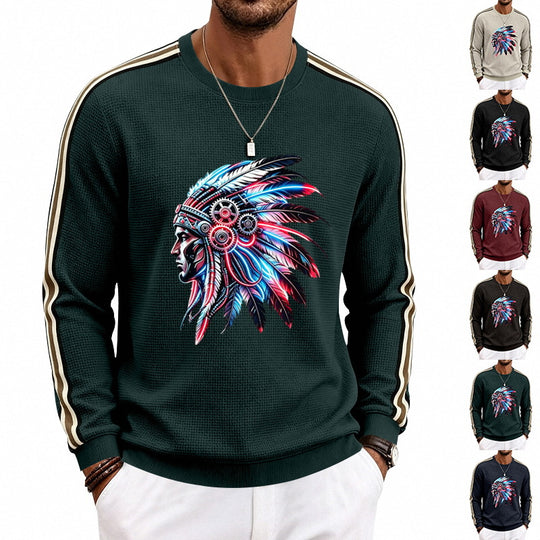 Herren Sweatshirt mit Federkopfschmuck-Print, Waffelstruktur und kontrastierenden Schulterstreifen Shop Nory