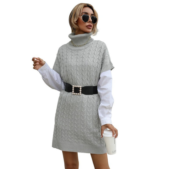 Damen Strickkleid mit Rollkragen, Zopfmuster und ärmelloser Tunika-Silhouette Shop Nory
