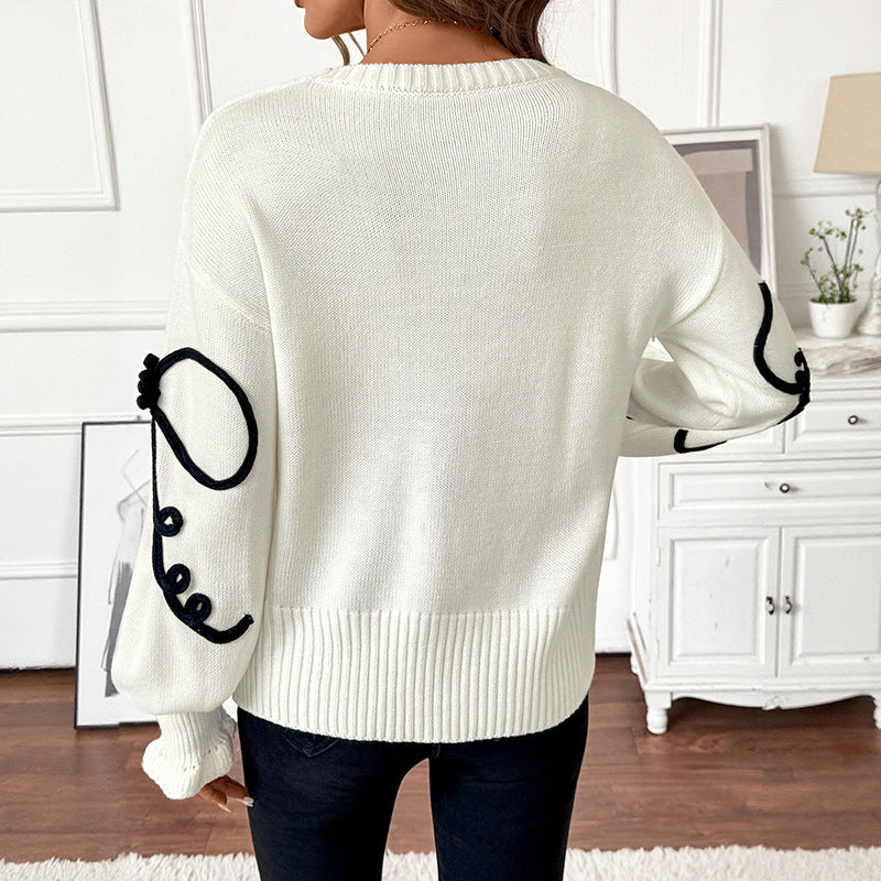 Damen Strickpullover mit kontrastierter Kordelblumenapplikation und Rippbündchen Shop Nory
