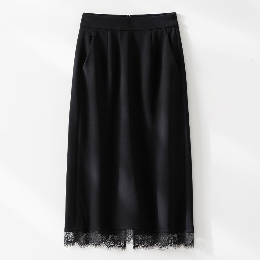 Damen Midirock aus Satin mit Spitzenbesatz und Seitentaschen Shop Nory