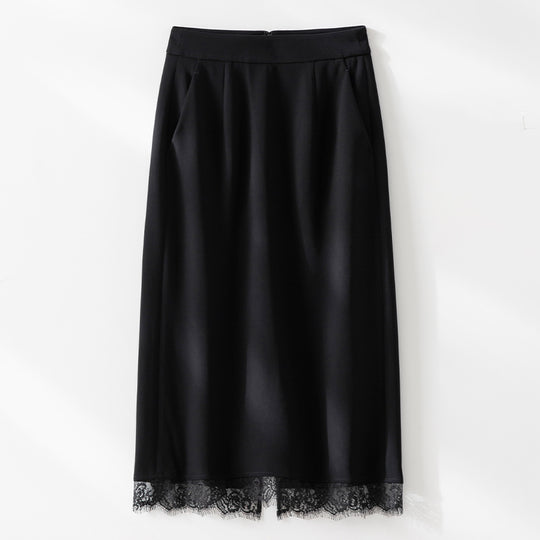 Damen Midirock aus Satin mit Spitzenbesatz und Seitentaschen Shop Nory