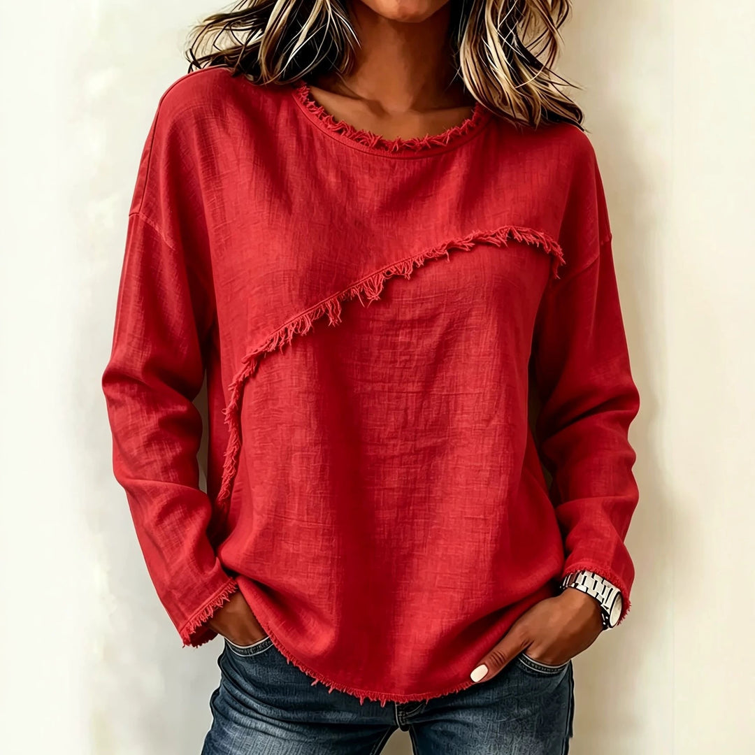 Damen Legeres Longsleeve mit diagonaler Fransenapplikation und ausgefranstem Rundhals Shop Nory
