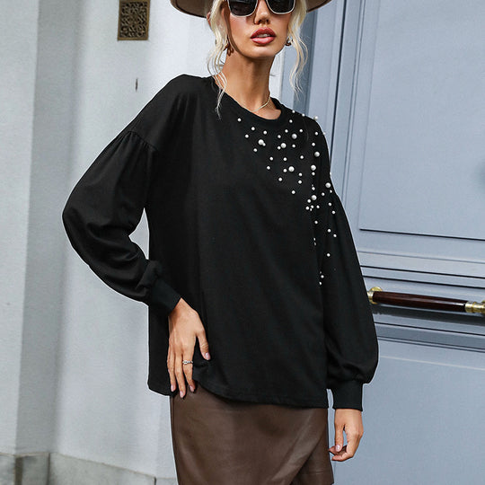 Damen Perlenbesetzter Feinstrick-Pullover mit Ballonärmeln und gerippten Bündchen Shop Nory