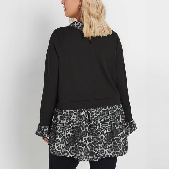 Damen Longsleeve-Tunika mit Chiffon-Volant und Leo-Kragen Shop Nory