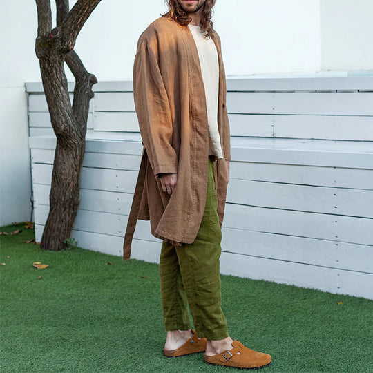 Herren Langer Leinen-Kimono-Mantel im Relaxed Fit mit Bindegürtel Shop Nory
