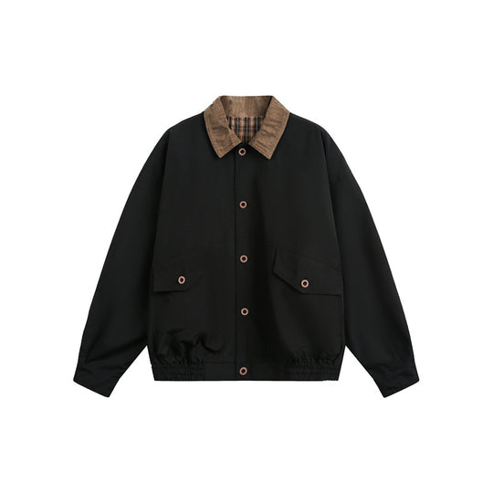 Unisex Kastig geschnittene Blousonjacke im Fieldstil mit Cordkragen und Karo‑Innenfutter Shop Nory