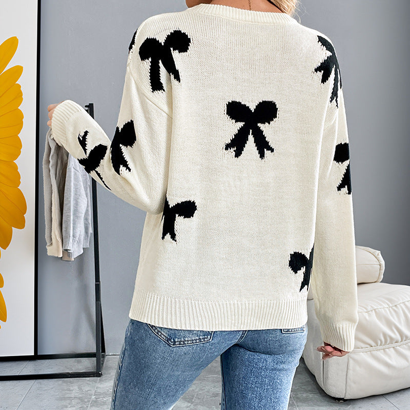 Damen Feinstrick-Pullover mit Schleifen-Jacquard, Rundhalsausschnitt und gerippten Bündchen Shop Nory