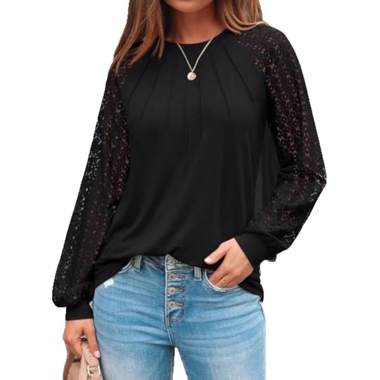 Damen Langarm-Bluse mit Spitzeneinsätzen und Kellerfalten Shop Nory