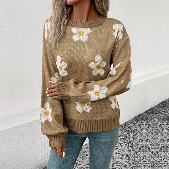 Damen Oversize-Strickpullover mit Blumenjacquard, Rundhalsausschnitt und Ballonärmeln Shop Nory