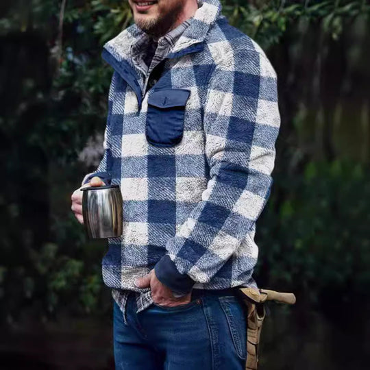 Herren Fleece-Pullover mit Karomuster und Hohem Kragen