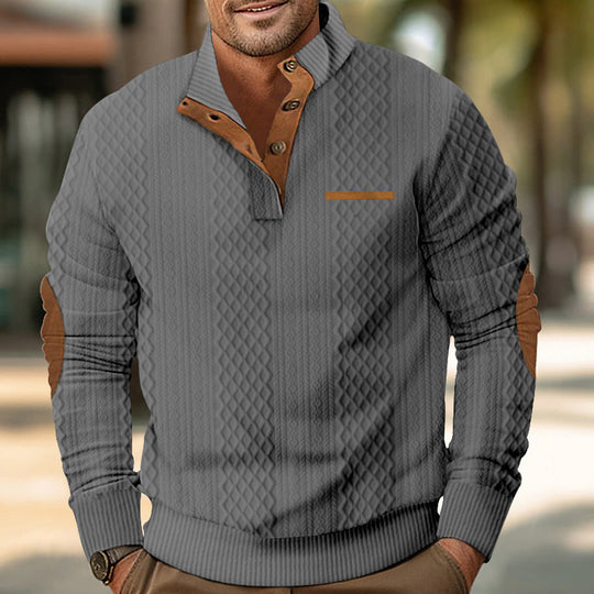 Herren nan strukturierter Stehkragen-Pullover mit halber Knopfleiste und Ellbogen-Patches Shop Nory