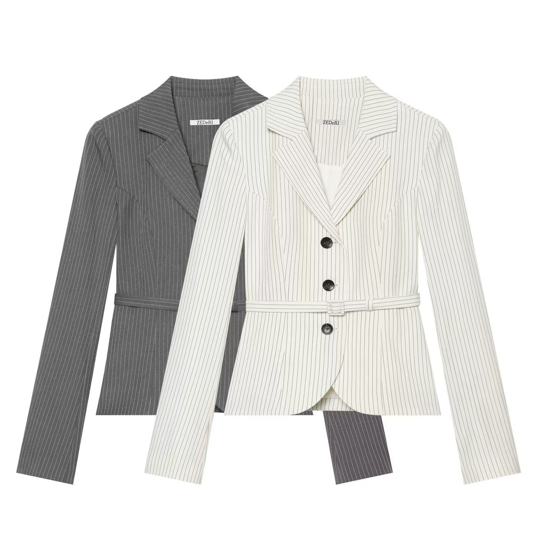 Damen Taillierter Nadelstreifen-Blazer mit Bindegürtel Shop Nory