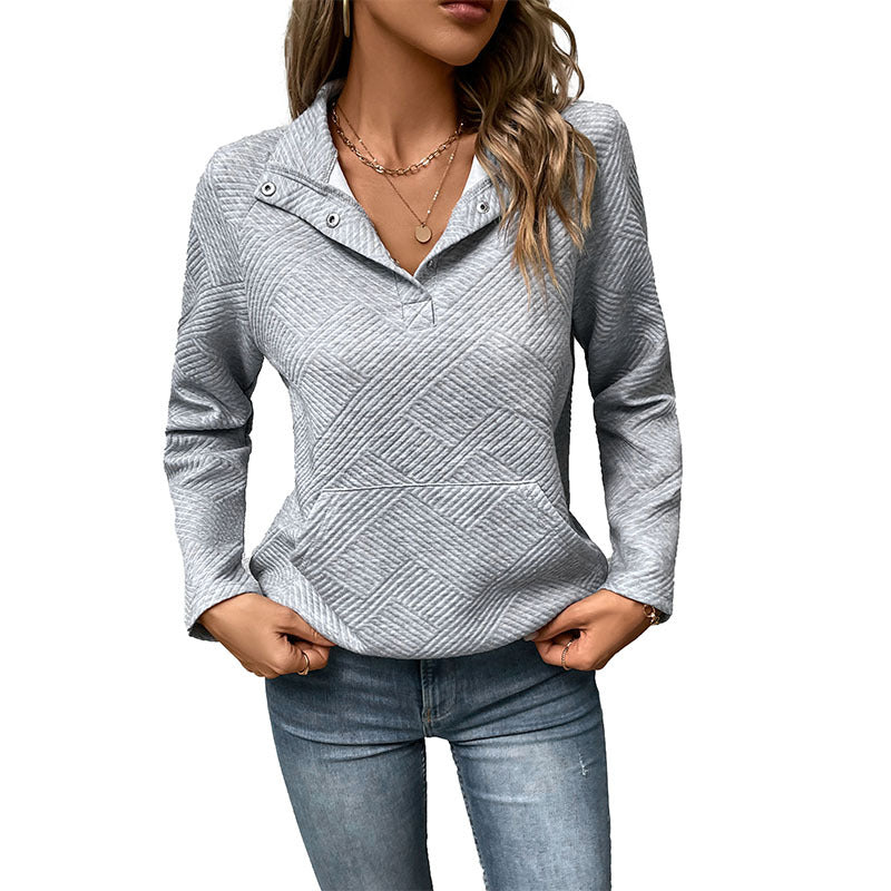 Damen Stepp-Sweatshirt mit Klappkragen, Druckknopf-Detail und Kängurutasche Shop Nory