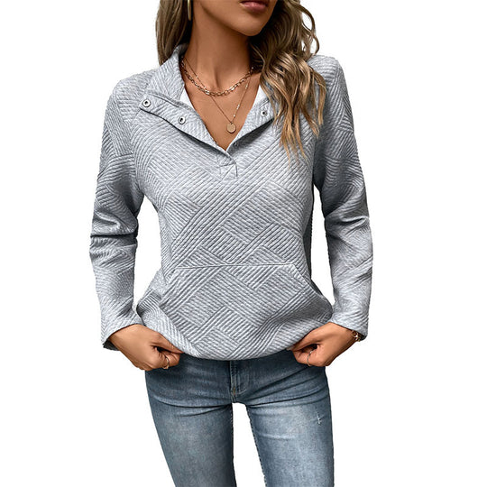 Damen Stepp-Sweatshirt mit Klappkragen, Druckknopf-Detail und Kängurutasche Shop Nory