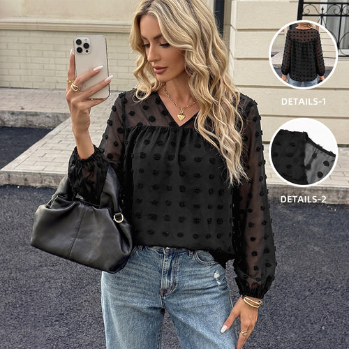 Damen Elegante Chiffonbluse mit 3D-Pompon-Applikation, V-Ausschnitt und elastischen Manschetten Shop Nory