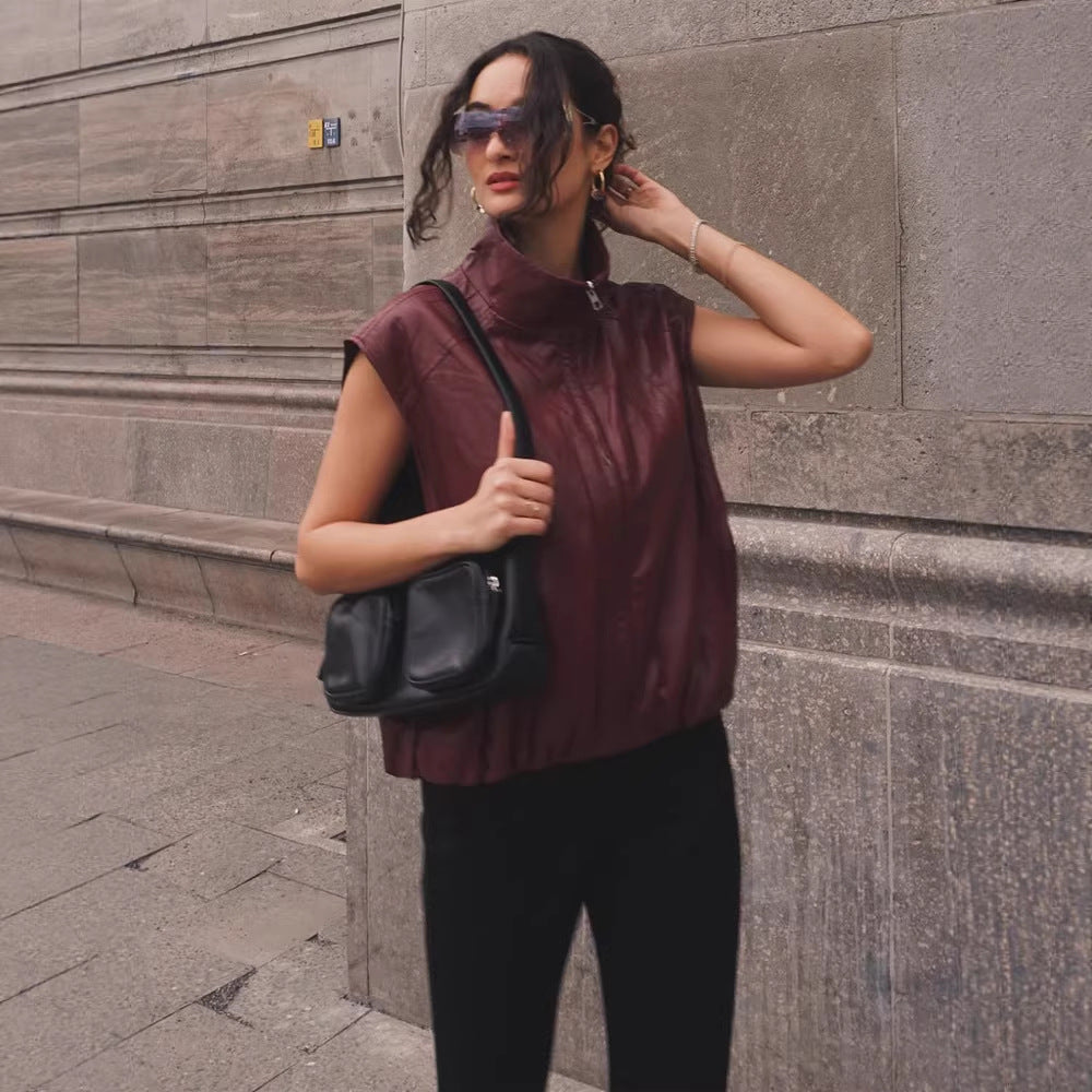 Damen Ärmellose Lederweste mit hohem Stehkragen, kurzem Boxy-Cut und Frontreißverschluss Shop Nory