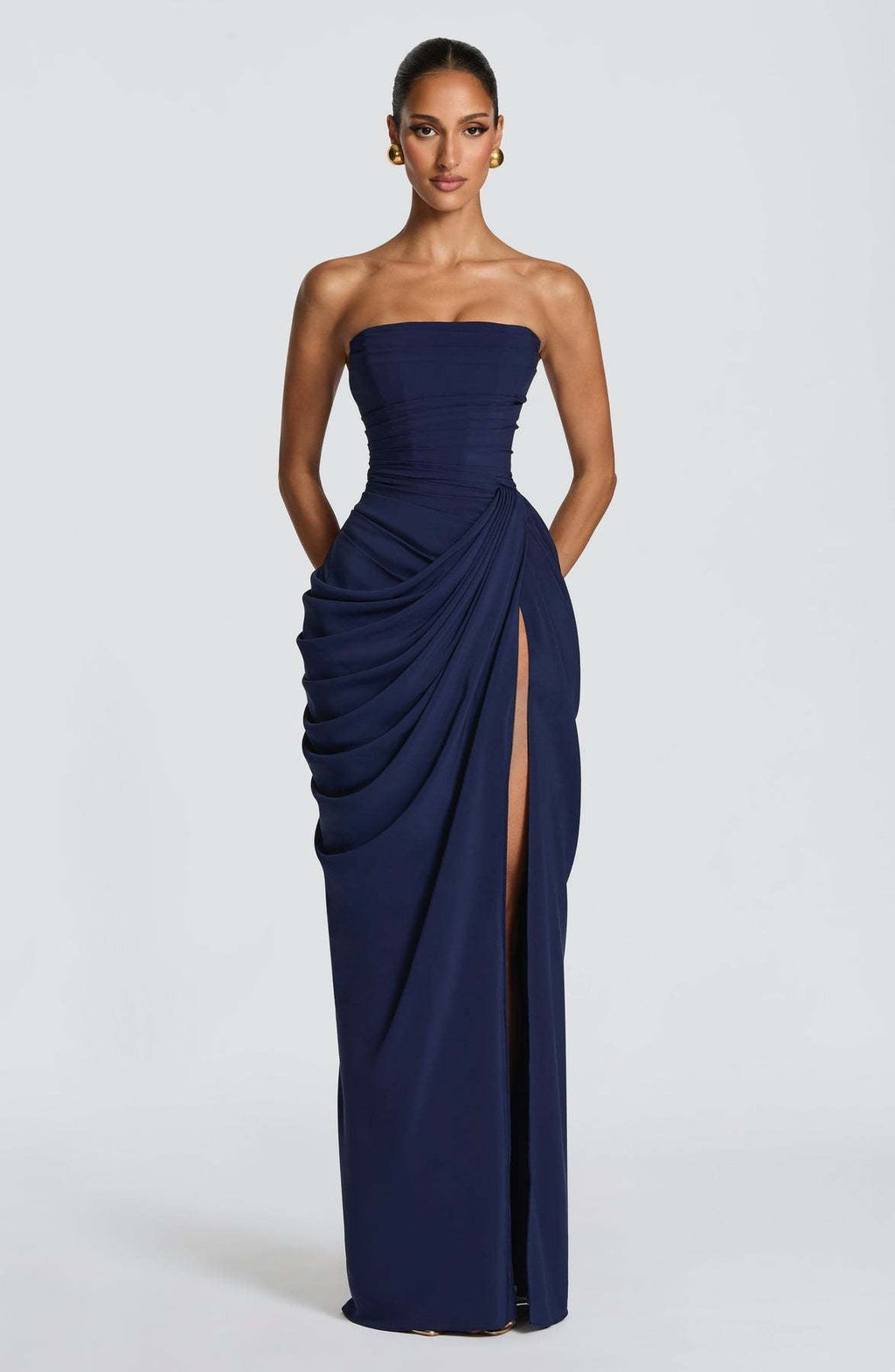 Damen Elegantes Langarm Abendkleid mit asymmetrischer Drapierung und schmalem Schlitz ShopNory