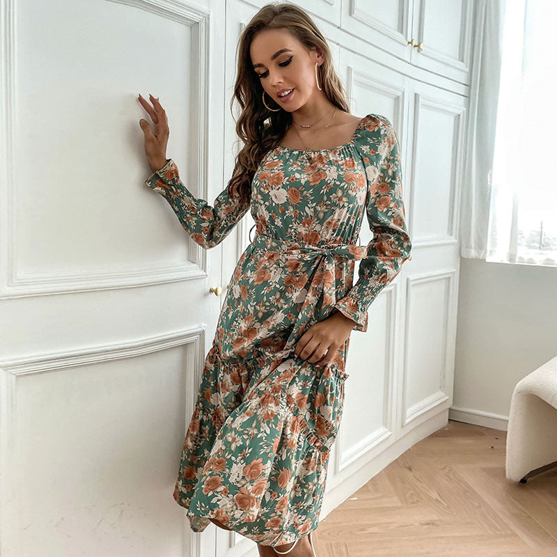 Damen Midikleid mit quadratischem Ausschnitt, Stufenrock, Puffärmmel und Taillengürtel Shop Nory