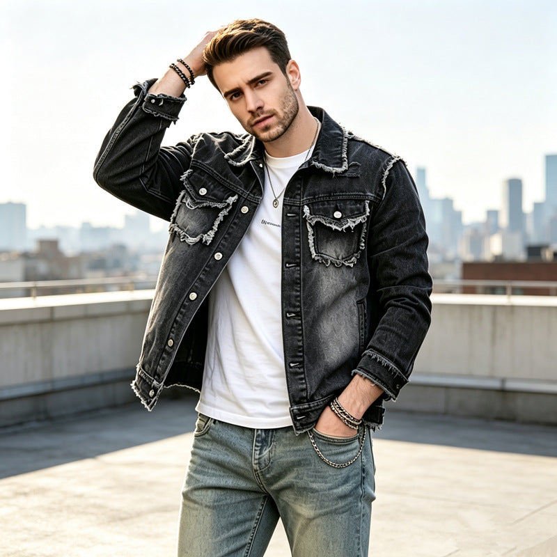 Herren Modische Jeansjacke mit Fransen Shop Nory