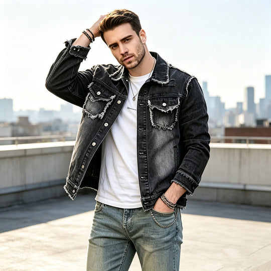 Herren Modische Jeansjacke mit Fransen Shop Nory