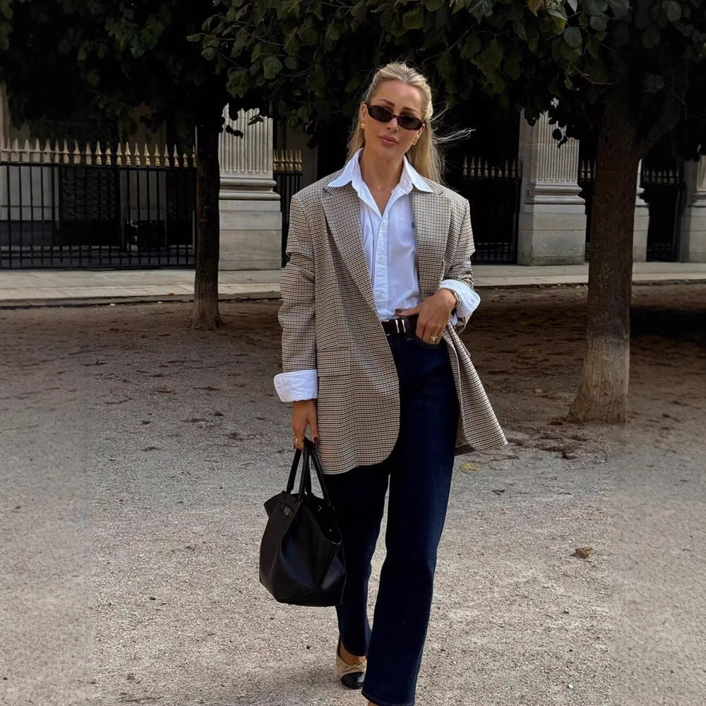 Damen Oversize-Kariertes Sakko mit Reverskragen und Pattentaschen Shop Nory