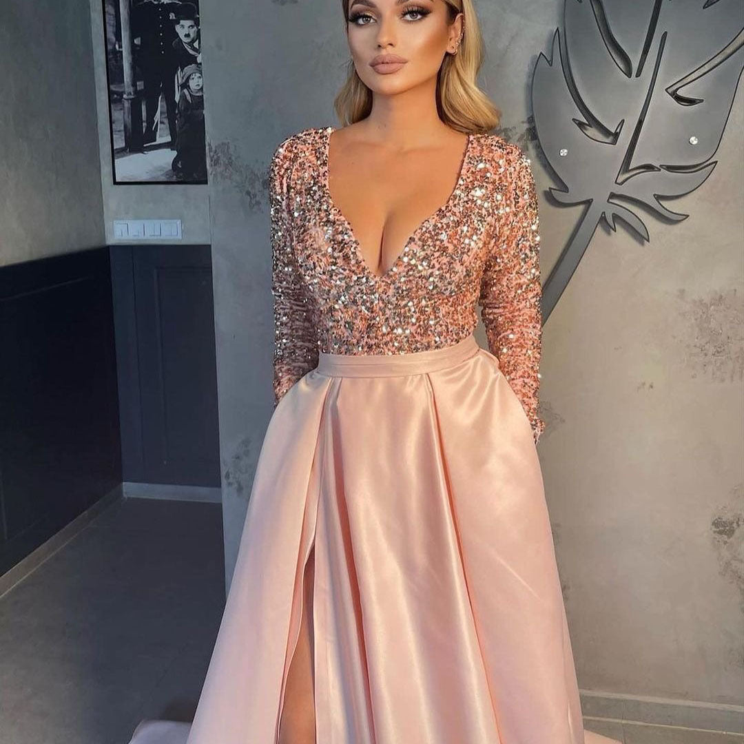 Damen Glamouröses Abendkleid mit tiefem V-Ausschnitt und schimmernden Pailletten