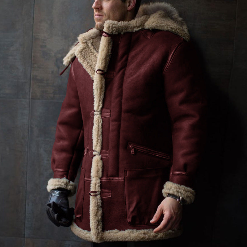 Herren Lammfell-Mantel mit Kapuze und praktischen Taschen