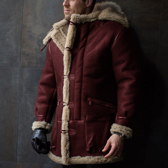 Herren Lammfell-Mantel mit Kapuze und praktischen Taschen