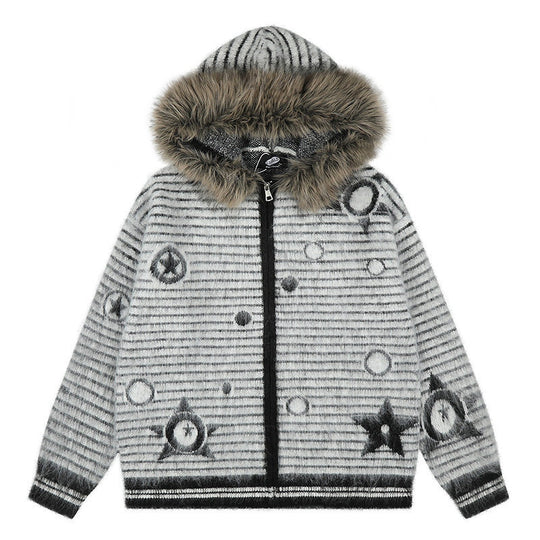 Damen Kapuzen-Strickjacke mit Fellbesatz, gestreifter Mohair‑Optik und Sternapplikationen Shop Nory