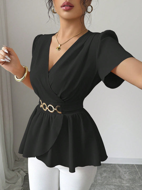 Damen Wickelbluse mit Taillen-Gürtel und asymmetrischem Volant Shop Nory