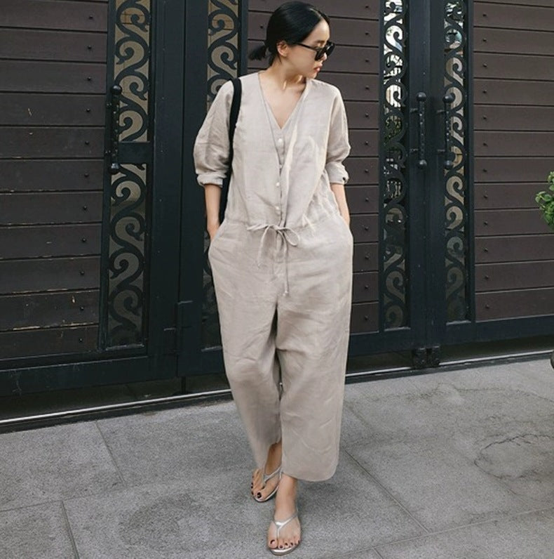 Damen Leinen-Overall mit V-Ausschnitt und Bindegürtel Shop Nory