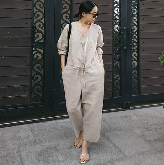 Damen Leinen-Overall mit V-Ausschnitt und Bindegürtel Shop Nory