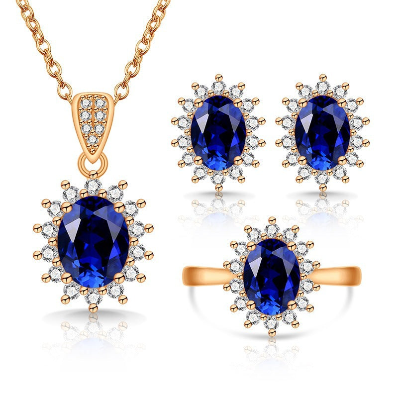 Oval facettiertes Edelstein-Halo-Pendant mit passenden Halo-Ohrringen und verstellbarem Cocktailring-Set