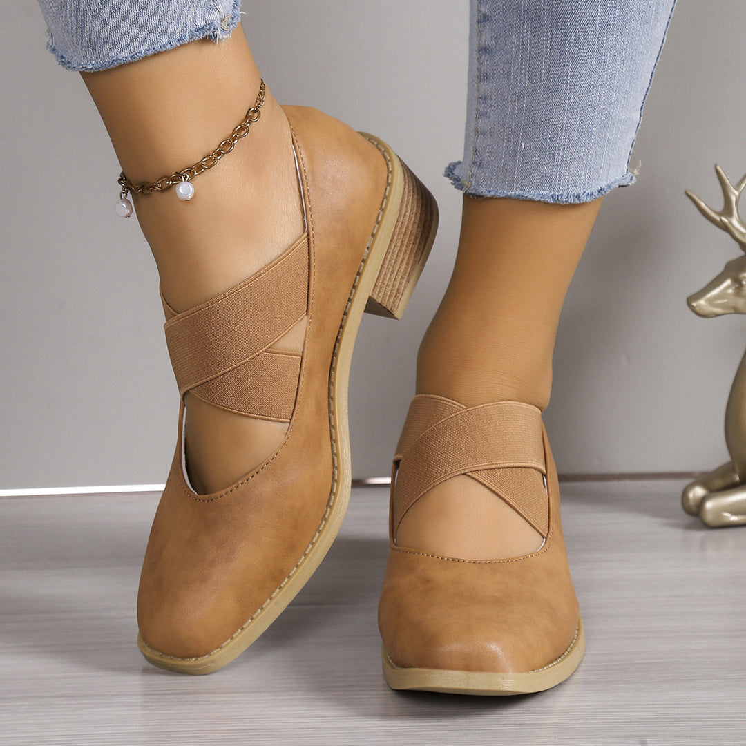 Damen Slipper-Pumps mit kreuzenden Elastikriemen und Blockabsatz Shop Nory
