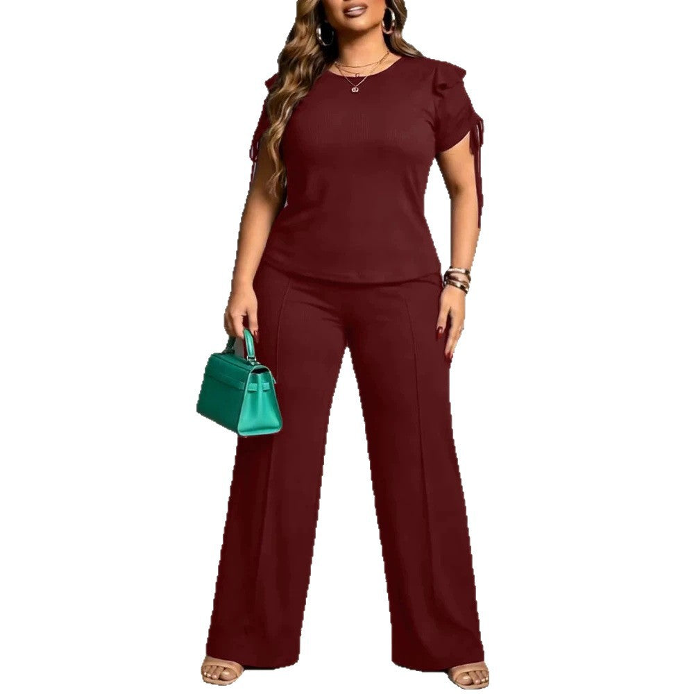 Damen Zweiteiliges Jersey-Set mit taillierter Weitbein-Hose und Kurzärmeligem Knoten-Top Shop Nory