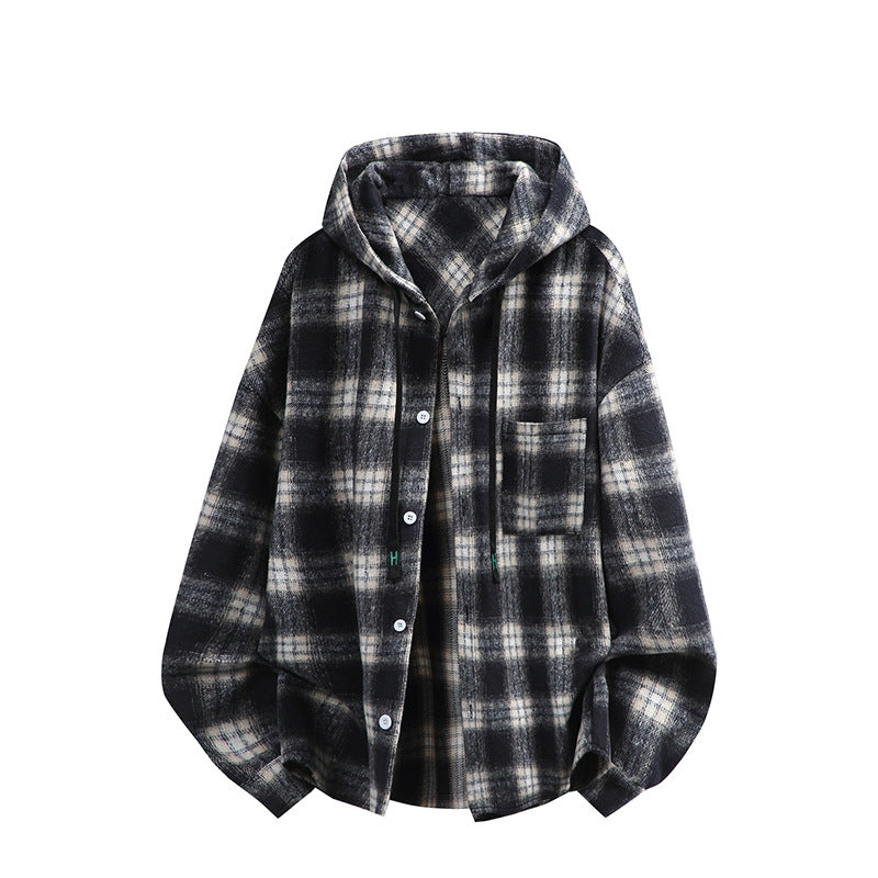 Unisex oversized Kapuzen-Hemdjacke aus Flanell mit Karomuster und Brusttasche Shop Nory
