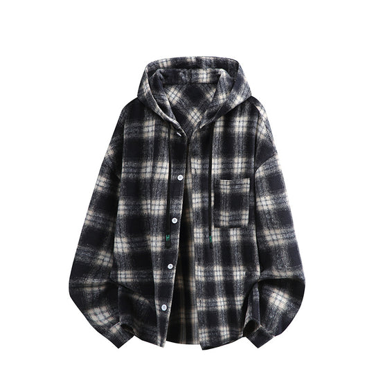 Unisex oversized Kapuzen-Hemdjacke aus Flanell mit Karomuster und Brusttasche Shop Nory