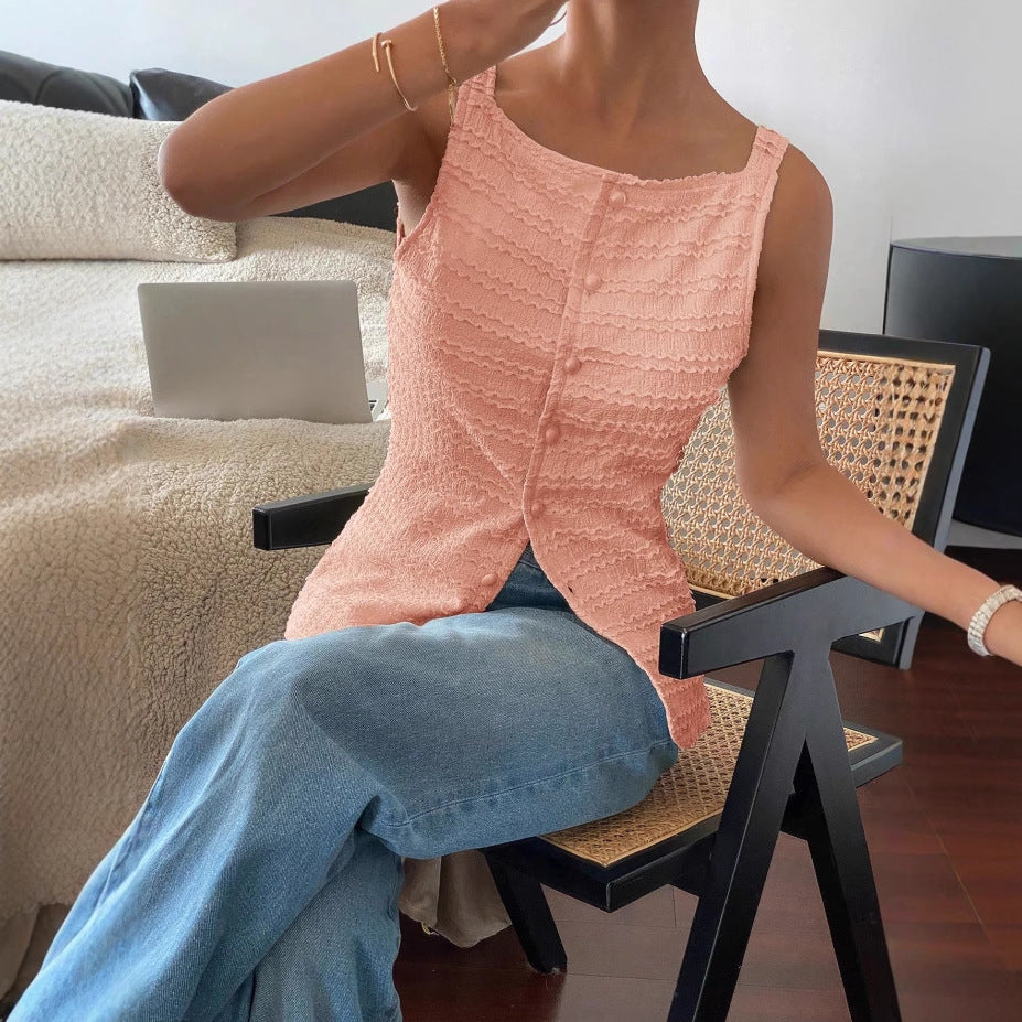 Damen Ärmelloses Struktur-Top mit Zierknopfleiste und Vorder‑Schlitz Shop Nory