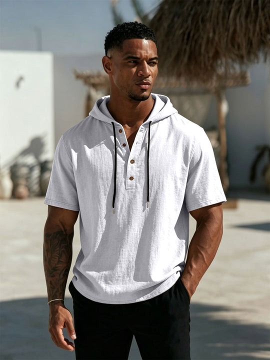 Herren Kurzarm-Hoodie-Henley aus Leinenoptik mit Knopfleiste Shop Nory