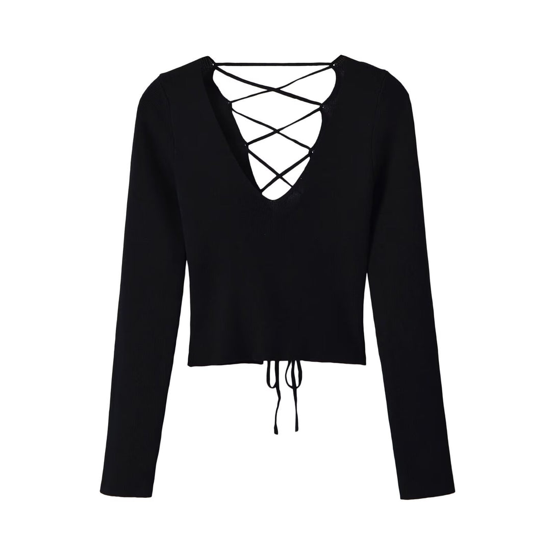 Damen Cropped Feinstrick-Top mit tiefem V‑Ausschnitt, dekorativer Schnürung vorne und Tunnelzugsaum Shop Nory