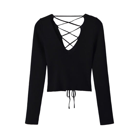 Damen Cropped Feinstrick-Top mit tiefem V‑Ausschnitt, dekorativer Schnürung vorne und Tunnelzugsaum Shop Nory