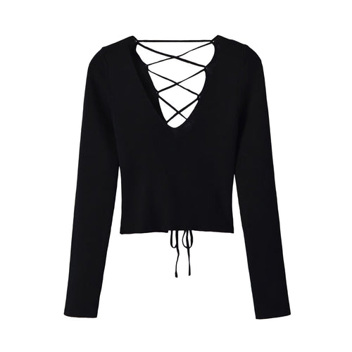 Damen Cropped Feinstrick-Top mit tiefem V‑Ausschnitt, dekorativer Schnürung vorne und Tunnelzugsaum Shop Nory