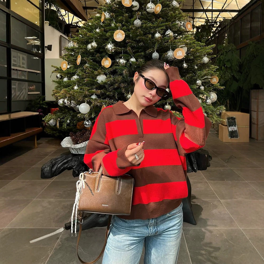 Damen Oversize Rugby-Strickpullover mit Polokragen & breiten Blockstreifen Shop Nory
