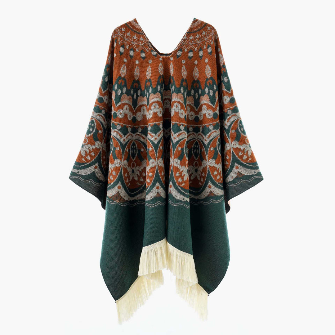 Damen Gewebter Jacquard-Poncho mit V-Ausschnitt, Ethno‑Print und Fransen Shop Nory